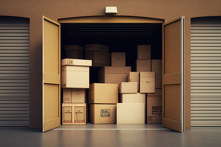 3d render of full rental storage warehouse, piles of cardboard boxes stacked on each otherの写真素材
