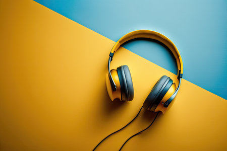 3D Rendering yellow headphones isolated on half yellow half blue backgroundの写真素材