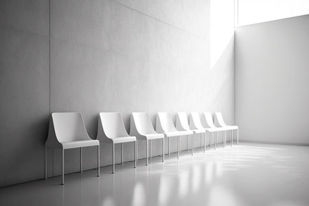 Minimalistic modern space with white chairs in a row against a grey concrete wallの写真素材