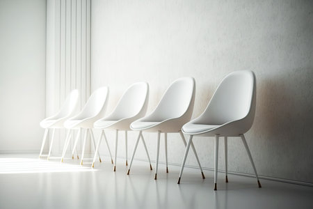 Five simple modern back chairs in a row agains a white wallの写真素材