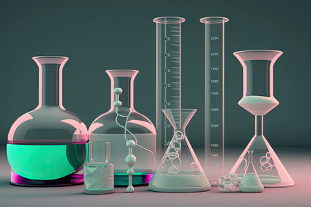 Collection of chemical glassware in laboratory isolated on blue colored backgroundの写真素材