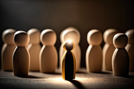 Wooden figurines, concept of standing out from the crowd, dark backgroundの写真素材