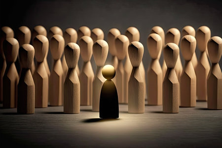 Wooden business people figurines and one special figurine in center standing outの写真素材