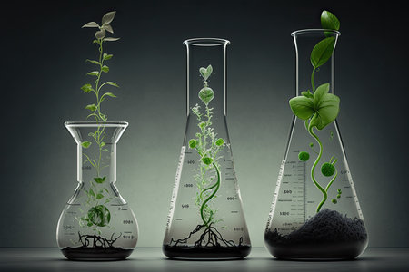 Collection of chemical glassware filled with growing plants on dark colored backgroundの写真素材