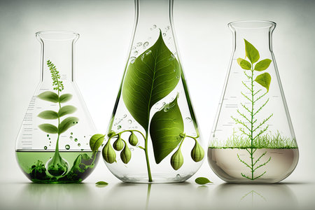 Collection of chemical glassware filled with plants on light colored backgroundの写真素材
