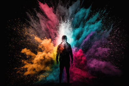 3d rendering of colored explosion of powder on a man silhouette on black backgroundの写真素材