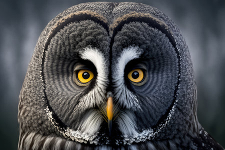 Realistic portrait of a great grey owl with grey feathers and yellow eyes on a dark backgroundの写真素材