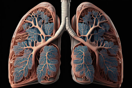 Imaginative illustration of human lungs with blue leaves growing insideの写真素材