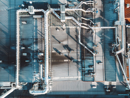 Top down view of pipes going across the roof top of logistics centerの写真素材