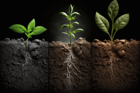 Cross section of three plants growing in soil on dark backgroundの写真素材