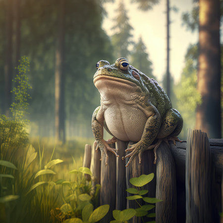 Illustration of a fat giant frog 3d sitting on a log in the middle of a forestの写真素材