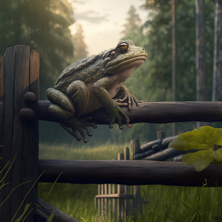 Illustrated frog sitting on a fence forest in the backgroundの写真素材