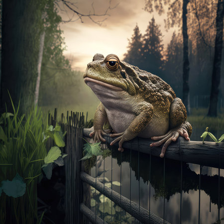 Fat old frog illustration sitting on a fence by the lake, 3d renderの写真素材