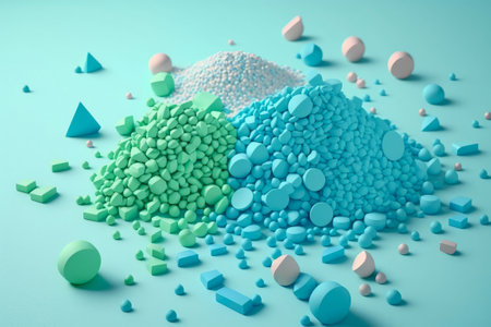 Blue, green and white geometric shapes 3d render on blue backgroundの写真素材
