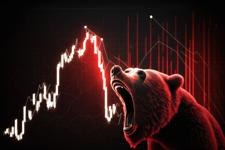 Illustrated roaring bear on a dark red background standing for crypto market valuesの写真素材