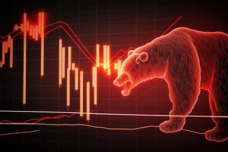 3d render crypto bear market, red neon bear shape on a dark background with graphsの写真素材