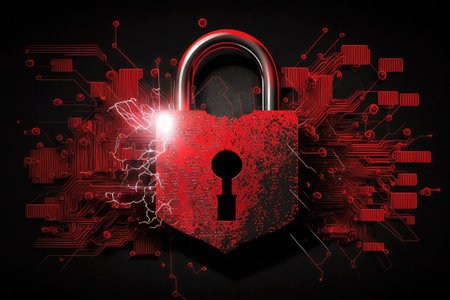 3d red lock, technology concept, digital graphs on dark backgorund