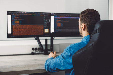 Over the shoulder view of IT programmer working on two screens in the officeの写真素材