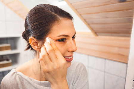 Smiling cheerful young woman cleaning make up off her face late at night in her bathroomの写真素材