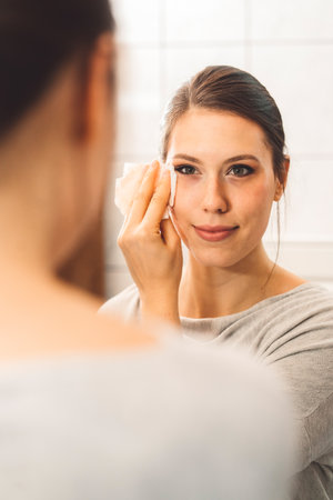 Over the shoulder vertical portrait woman looking in the mirror removing make up with a cotton padの写真素材