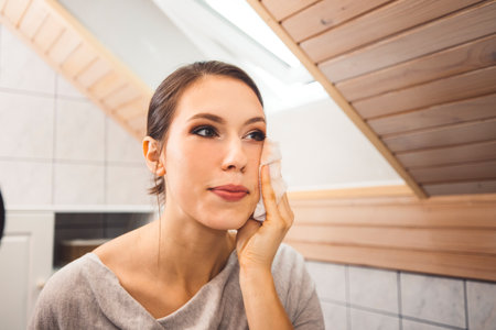 Close up woman cleaning her face make up with a cotton padの写真素材