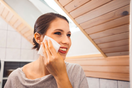 Waist up portrait of a woman standing in front of a mirror cleaning make up off her faceの写真素材