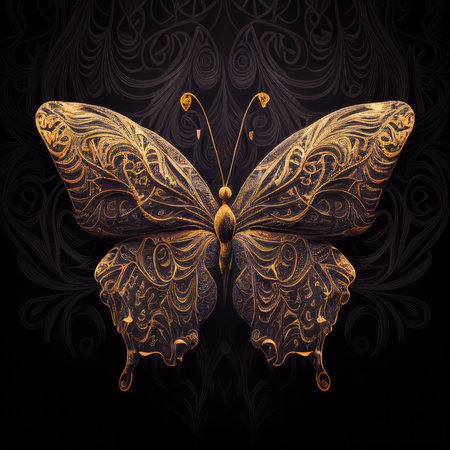 Illustration of a golden butterfly on a black background.の素材