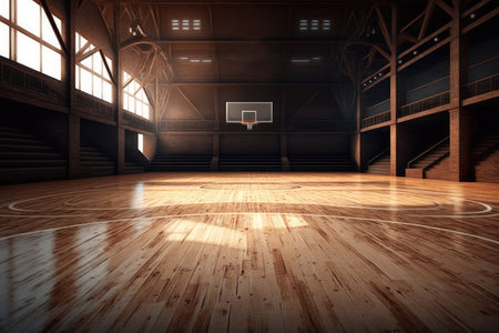 Sport arena for basketball. Inside shot of the basketball court's wooden floorの素材