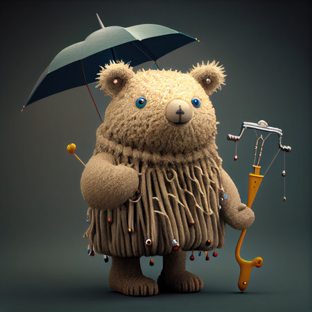 Illustration of a little miniature bear, standing on a rain.の素材