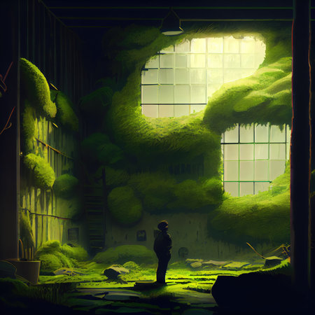 Person in empty green jungle room, vegetation.の素材