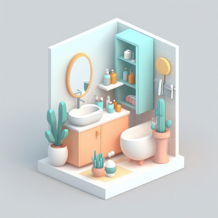 Isometric diorama bathroom isolated on white background, 3d digital renderingの素材