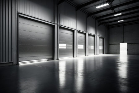 Factory, warehouse, or hangar use roller doors or roller shutters. Polished concrete flooring and shuttered doors for industry background. Industrial building's interior. Generative AIの素材