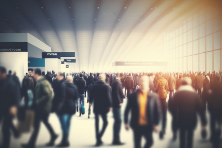 People traveling, walking through airport terminal, motion blur, wide shot. Generative AI.の素材