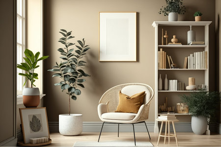 Empty wall mock up in warm beige living room with chair, book shelf, and plant in vase. Generative AI.の素材