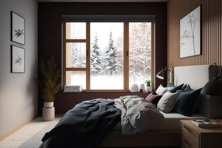A hyper realistic minimalistic styled master bedroom, organic style, neutral colors, style, scandinavian, minimal, large window. Generative AI.の素材