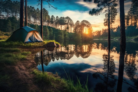 Adventures Camping Tourism and Tent Near Water in Morning and Sunset Sky at Pang ung Pine Forest Park in Mae Hong Son, Thailand. Generative AI.の素材