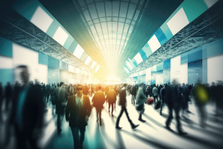 People traveling, walking through airport terminal, motion blur, wide shot. Generative AI.の素材