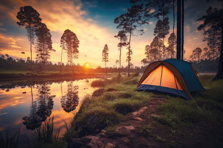 Adventures Camping Tourism and Tent Near Water in Morning and Sunset Sky at Pang ung Pine Forest Park in Mae Hong Son, Thailand. Generative AI.の素材