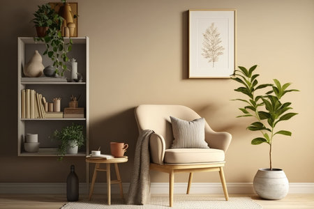 Empty wall mock up in warm beige living room with chair, book shelf, and plant in vase. Generative AI.の素材