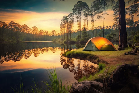 Adventures Camping Tourism and Tent Near Water in Morning and Sunset Sky at Pang ung Pine Forest Park in Mae Hong Son, Thailand. Generative AI.の素材