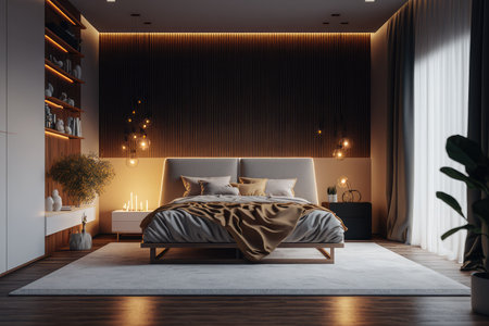 A hyper realistic minimalistic styled master bedroom, organic style, neutral colors, style, scandinavian, minimal, large window. Generative AI.の素材