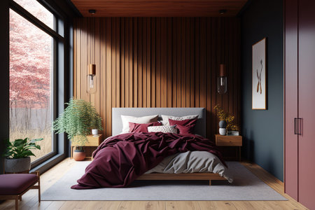 A hyper realistic minimalistic styled master bedroom, organic style, neutral colors, japan style, scandinavian, minimal, large window. Generative AI.の素材