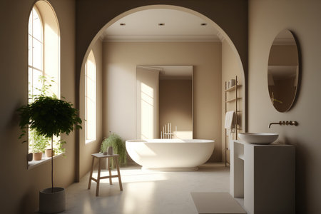Elegant bathroom with beige walls and concrete floor, standing white bathtub and sink with vertical mirror. Generative AI.の素材