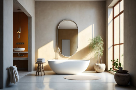 Elegant bathroom with beige walls and concrete floor, standing white bathtub and sink with vertical mirror. Generative AI.の素材