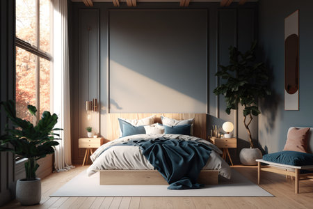 A hyper realistic minimalistic styled master bedroom, organic style, neutral colors, japan style, scandinavian, minimal, large window. Generative AI.の素材