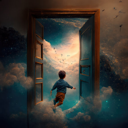 Child hoovering through the door in the sky full of clouds. Art, fictitious. Generative AI.の素材