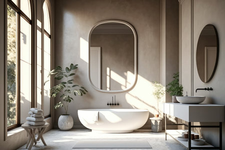 Elegant bathroom with beige walls and concrete floor, standing white bathtub and sink with vertical mirror. Generative AI.の素材