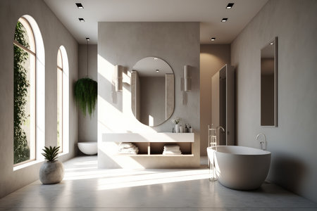 Elegant bathroom with beige walls and concrete floor, standing white bathtub and sink with vertical mirror. Generative AI.の素材