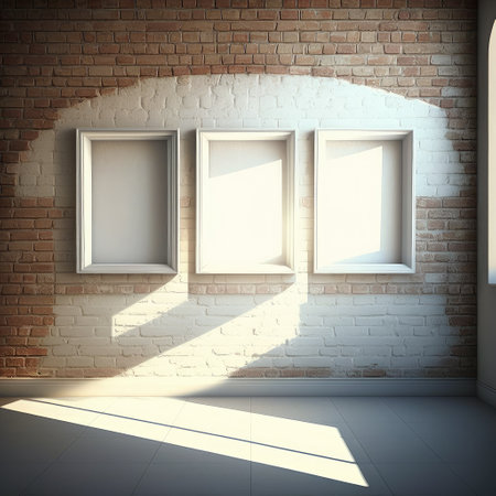 Brick wall with three empty white picture frames. Mock up. Generative AI.の素材