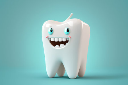 Illustration of a smiling white, healthy tooth. Cartoon smiley tooth that might work well in a pediatric dental clinic. Kids' Tooth Character. Dentist Mascot Cute.. Generative AI.の素材